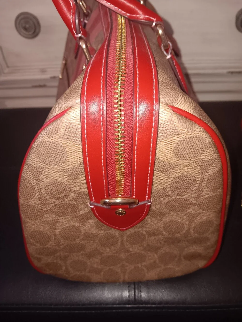 Coach Large Rowan Pink And Red Stripe Tan Signature With Wristlet And Strap - Picture 6 of 15